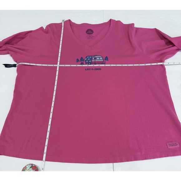 Life is Good Pink Camping V Neck Long Sleeve Crusher Tee Size XXXL 3X - Picture 6 of 9